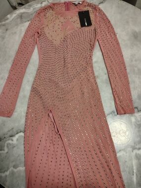 Fashion Nova Rose Pink Embellished Long Sleeve Midi Dress
